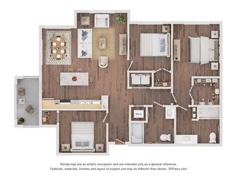 Floor plan for 3 beds, 2 baths, 1286 sqft